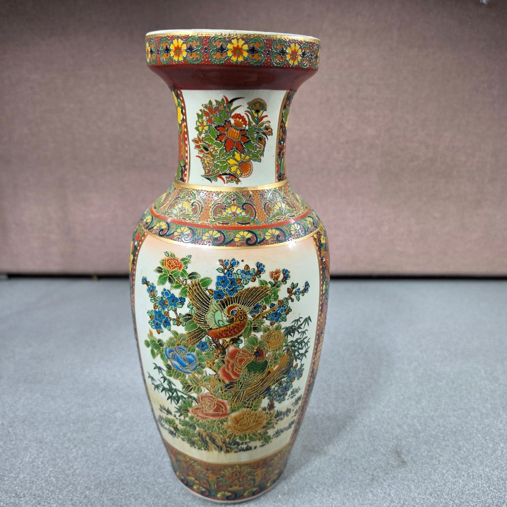 Satsuma Style Vase 14" Home Decor Multicolor Excellent Bird Floral Moriage